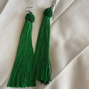 Green Tassel Earrings Knot Detail Boho Statement Dangle Drop Earrings